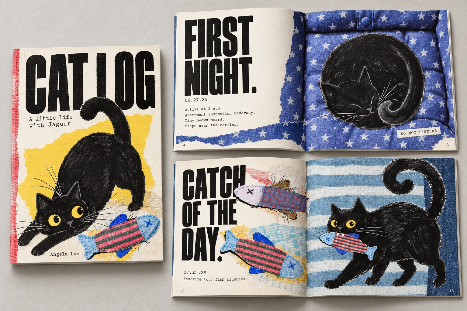 Cat Log booklet concept with black cat illustrations, fabric textures, and bold typography