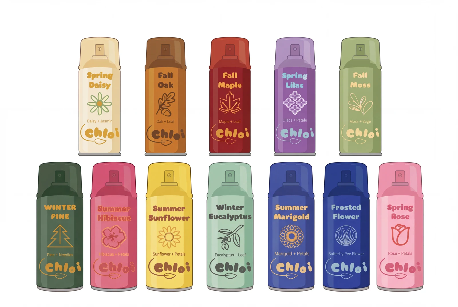 Chloi's colorful collection of twelve illustrated spray paint cans